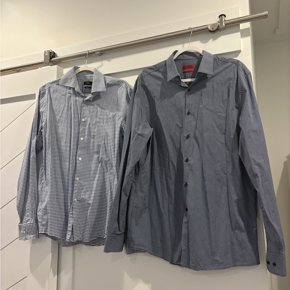 Hugo Boss Navy and White Checkered Button Down Shirt